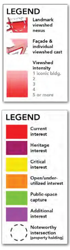 Legends for the Casco Viejo maps: viewshed intensity and massing keys, and the development interest categories used on the potential map.