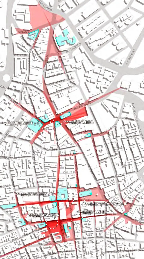 Viewshed map of Casco Viejo, Panama City, showing landmark viewshed massing and facade viewshed cast, graded by how many landmark buildings are visible from each point.
