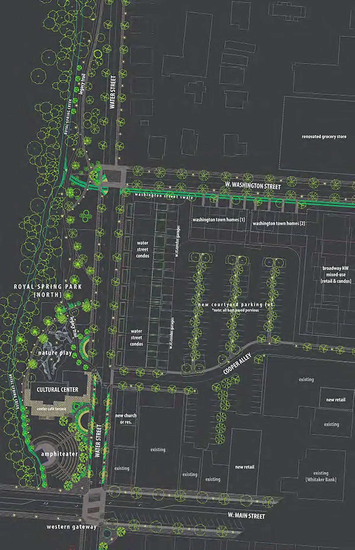 Detailed landscape and urban design plan for streetscape and park improvements at Royal Spring Park, Georgetown, Kentucky.